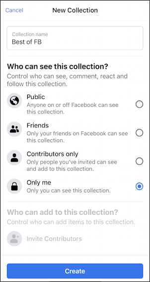 facebook save post - mobile - create collection