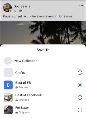 facebook save post - mobile - save post to collection