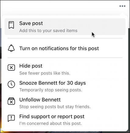 facebook save post - desktop - save post menu