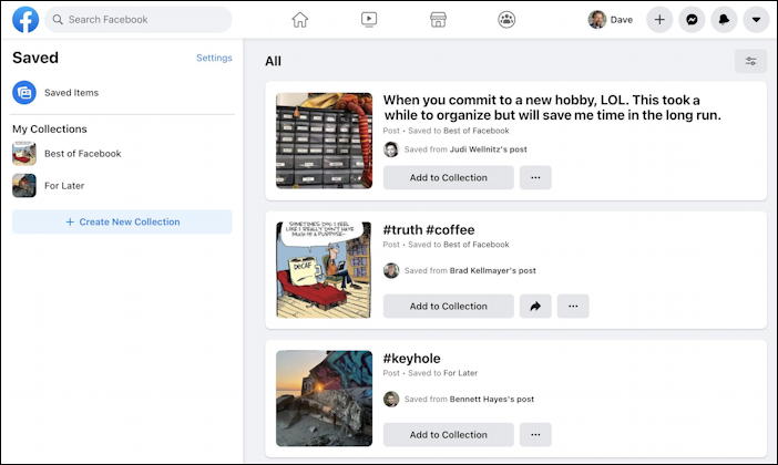 facebook save post - desktop - saved post collections