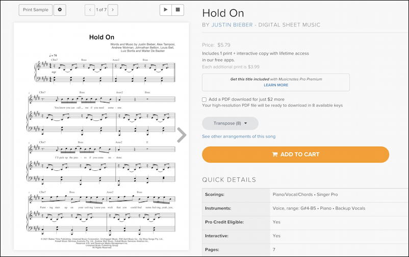 hold on justin bieber justice - piano sheet music musicnotes