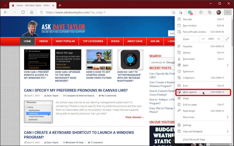 microsoft edge - full webpage page screen capture tool - menu