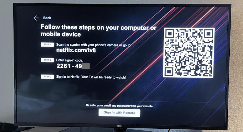 netflix sign in from the web - qr code - secret 8-digit pin code