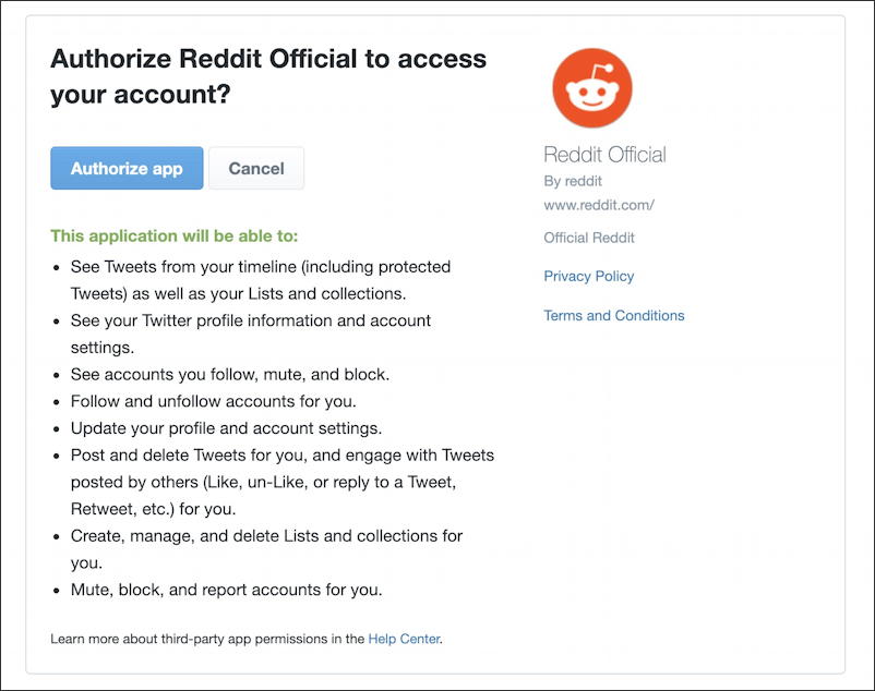 reddit - user settings - grant reddit permission to access twitter account?