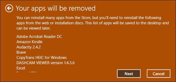 win10 systemreset fresh start - what will be removed