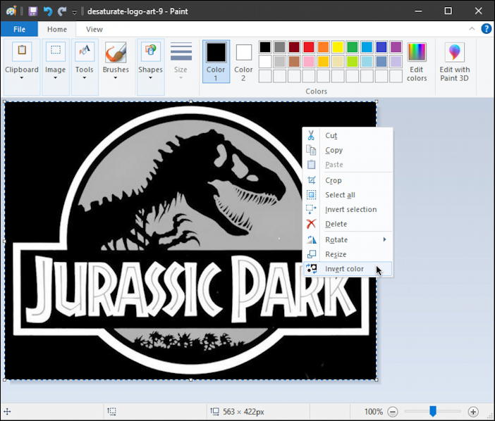 jurassic park black white logo - invert colors - paint - invert menu