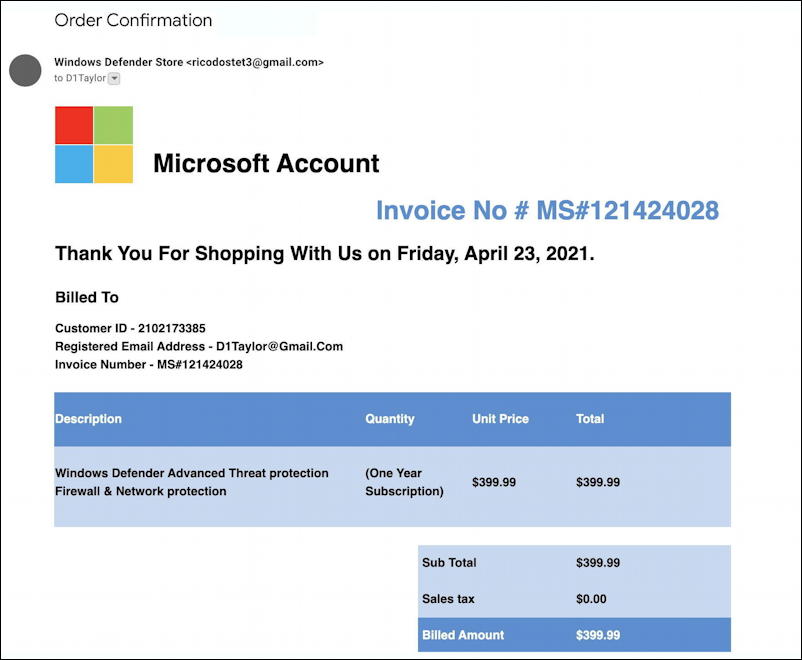 microsoft windows defender subscription invoice scam spam - main message email