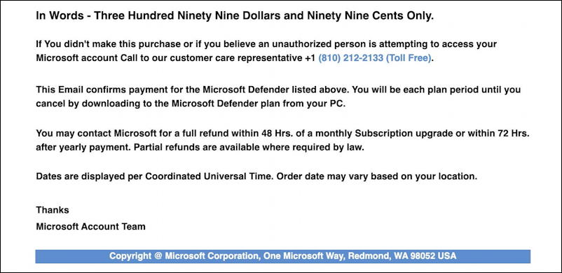 microsoft windows defender subscription invoice scam spam - more email info