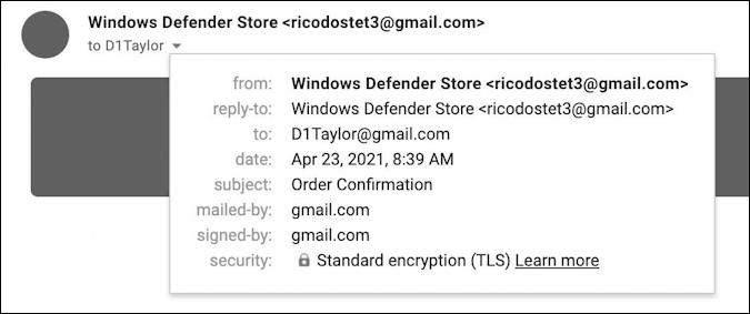 microsoft windows defender subscription invoice scam spam - email details sender