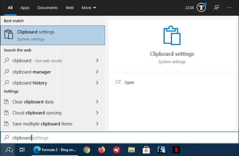 win10 taskbar search: clipboard