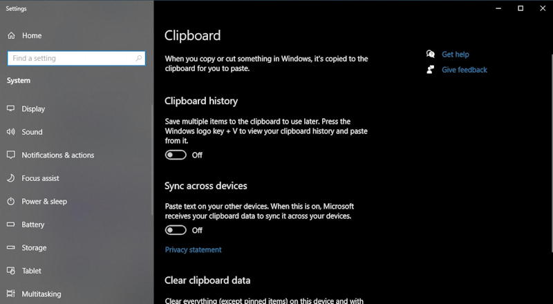 win10 clipboard settings - main