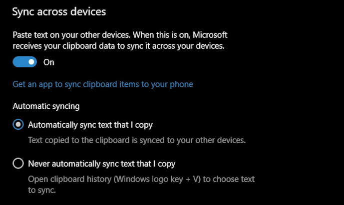 win10 clipboard settings - sync across devices