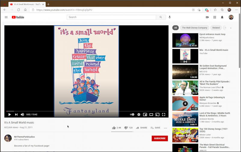 it's a small world disney music youtube video in microsoft edge