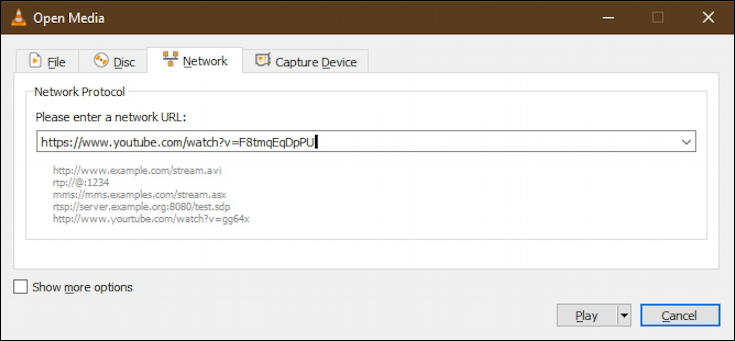 vlc - open network stream - youtube url