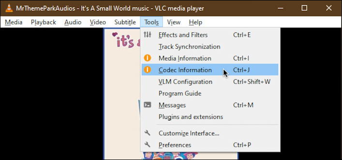 vlc - codec information menu