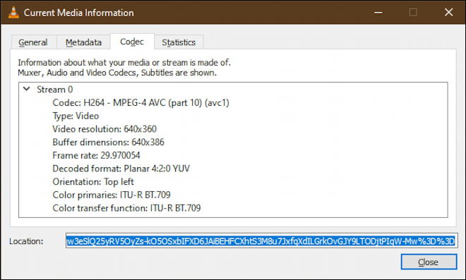 vlc youtube stream codec information