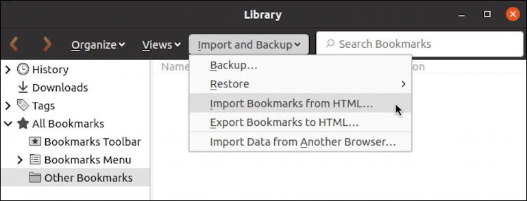 linux firefox import bookmarks - bookmark manager