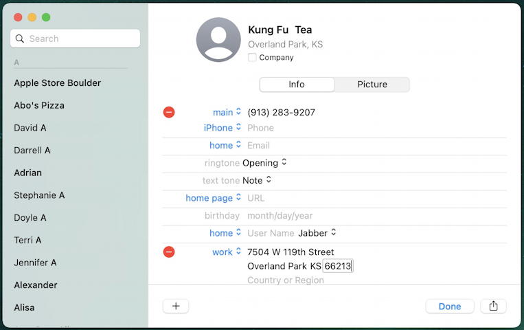 macos contacts - add new - kung fu tea entry added