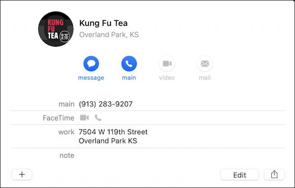 kung fu tea overland park ks - entry with logo in mac macos contacts iphone ios