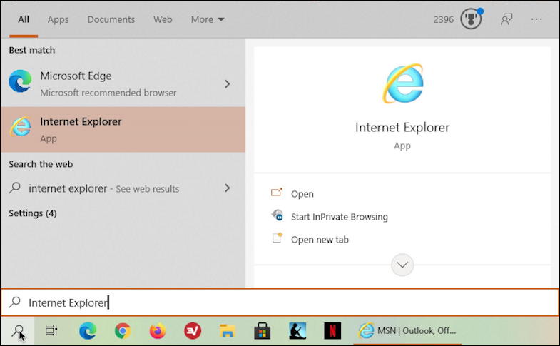 windows 10 - internet explorer 11 - taskbar search