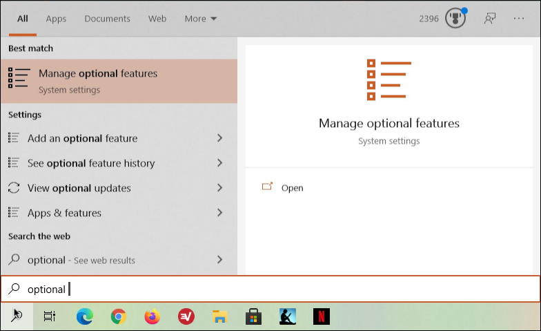 win10 - taskbar search - optional programs