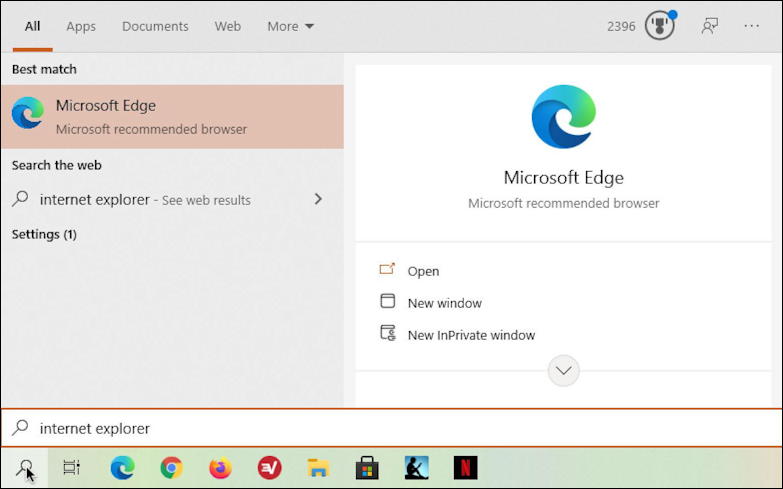 win10 search 'internet explorer' only edge