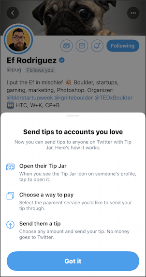 twitter profile - tip jar info pop-up