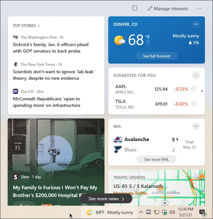 win10 taskbar - weather widget - notification news window