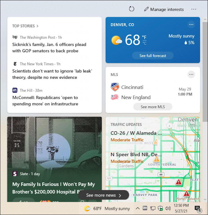 win10 news and interests weather taskbar card window notification
