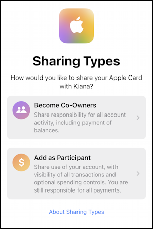 apple card credit - add family member child - sharing type