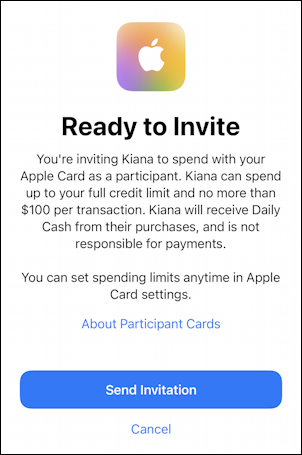 apple card credit - add family member child - ready to invite