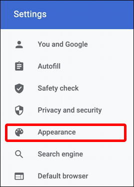 google chrome settings > appearance