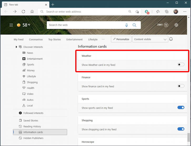 microsoft edge default weather location information card settings