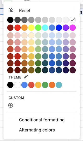 google sheets spreadsheet - fill palette