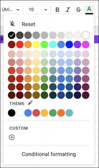 google sheets spreadsheet - text color palette