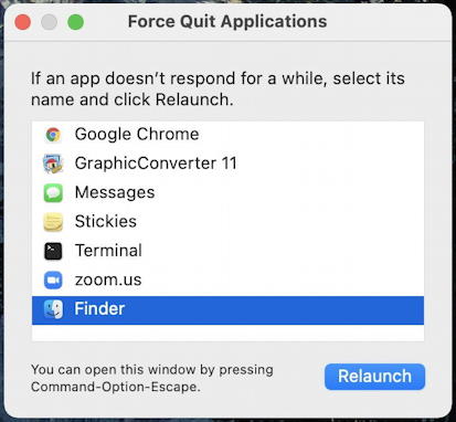 mac macos force quit - restart finder