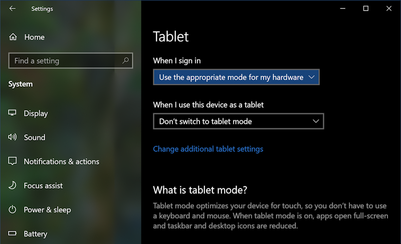 win10 tablet mode - tablet settings preferences 