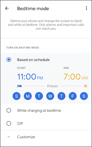 android digital wellness - bedtime mode - settings - sleep wake up times