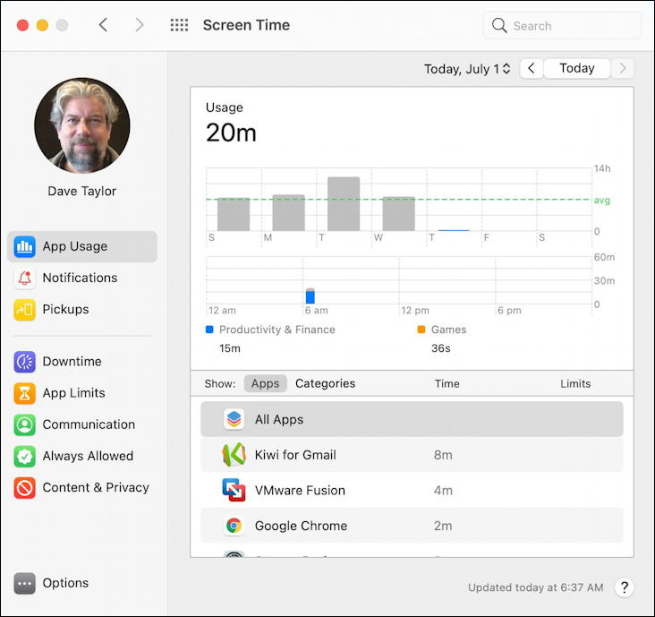 macos 11 - system preferences - screen time - early morning