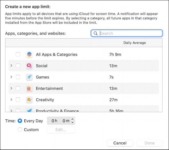 macos 11 - screen time limits - list of apps