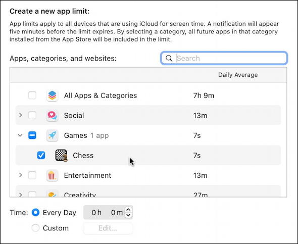 macos 11 - screen time limits - chess