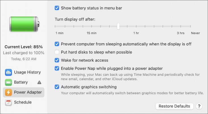 macos - battery system preference - plugged in power settings preferences