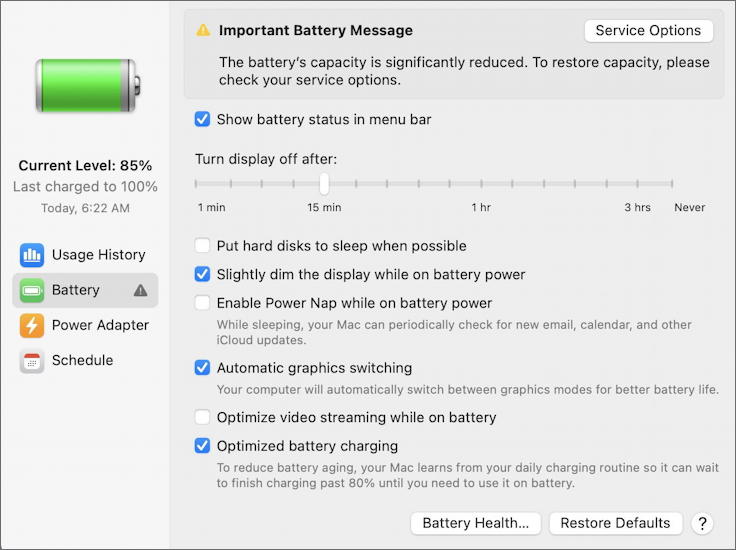 macos - battery system preference - battery preferences settings