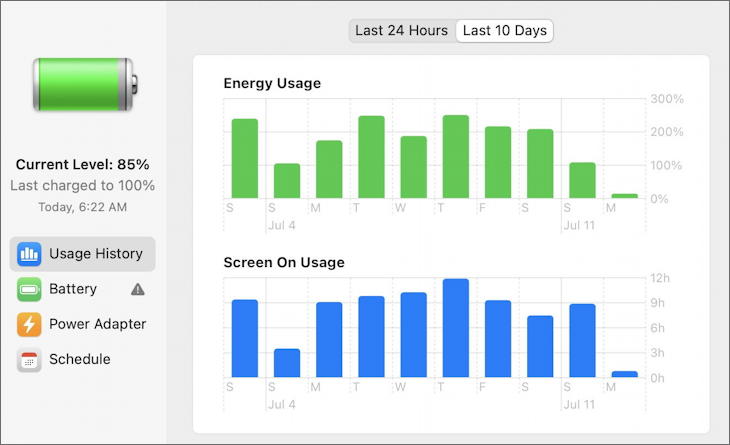 macos - battery system preference - usage history