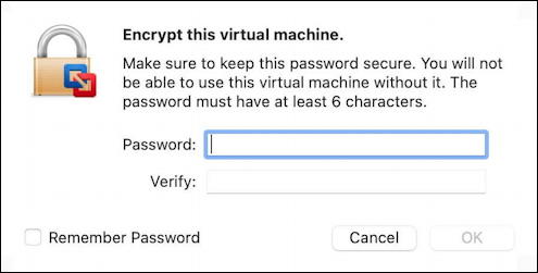 vmware fusion vm - encryption  - set password