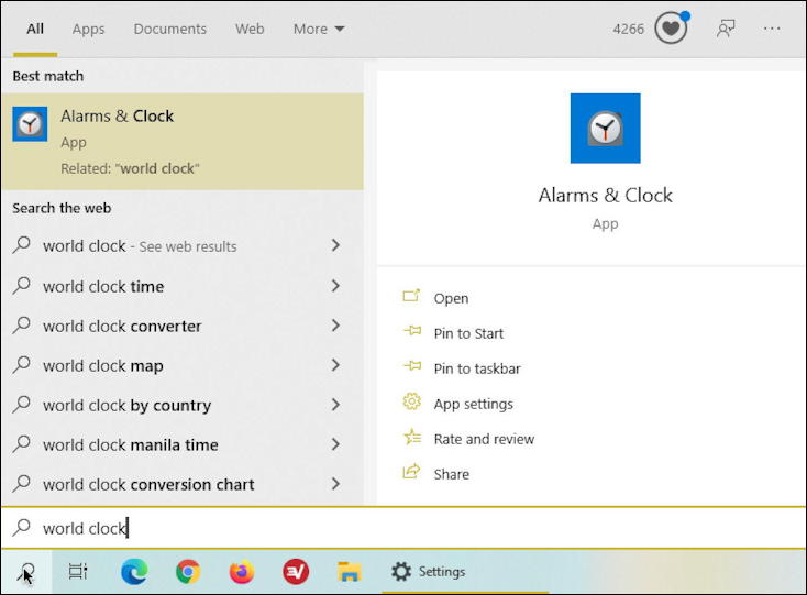 win10 windows pc - world clock - menu search