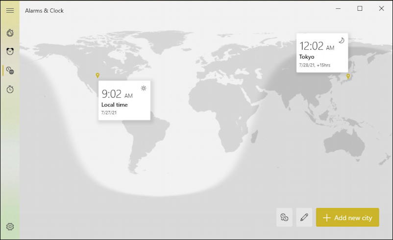 win10 windows pc - world clock - map with local and tokyo time