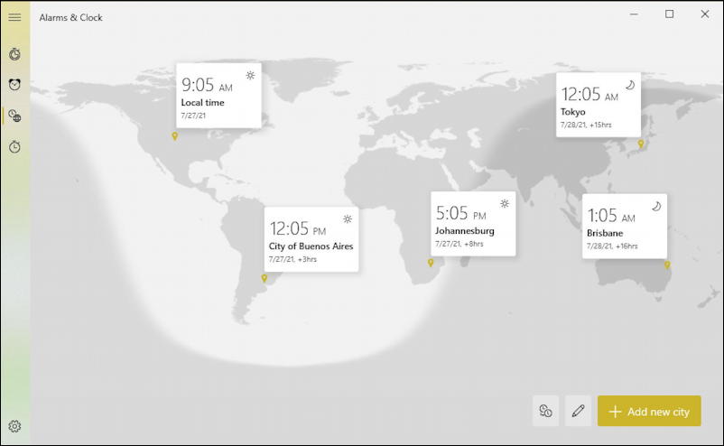 win10 windows pc - world clock - map with multiple cities shown