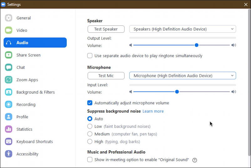 zoom pc windows - settings - audio