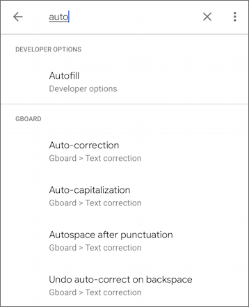 android settings - search for 'auto'